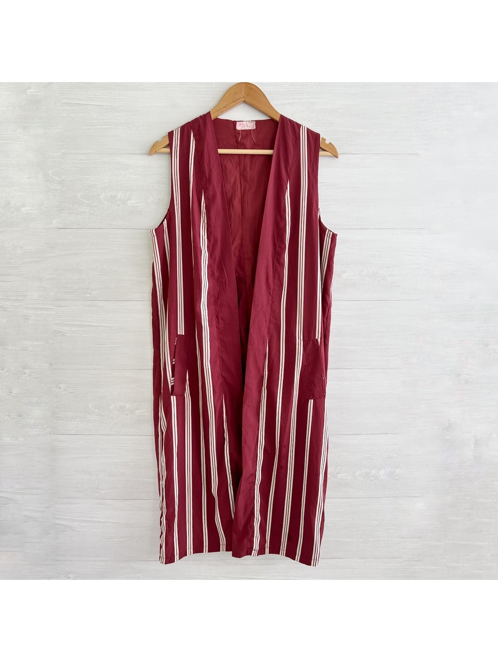 Free People Maroon Cream Striped Long Duster Vest One Size Open Front Boho